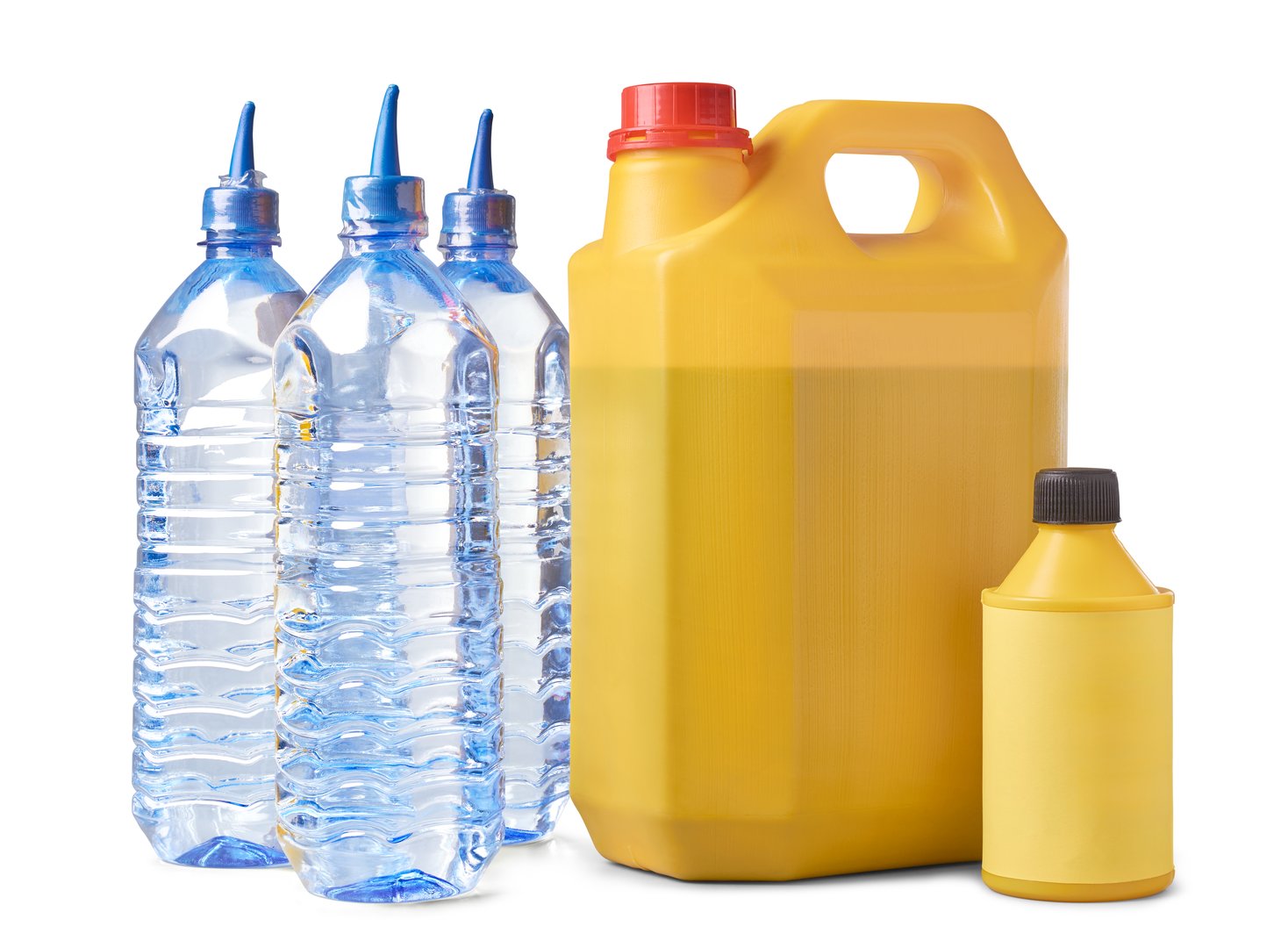 collection of automotive radiator coolant fluids, distilled water and flush isolated white background, mock-up template of essential car maintenance and service products with blank labels