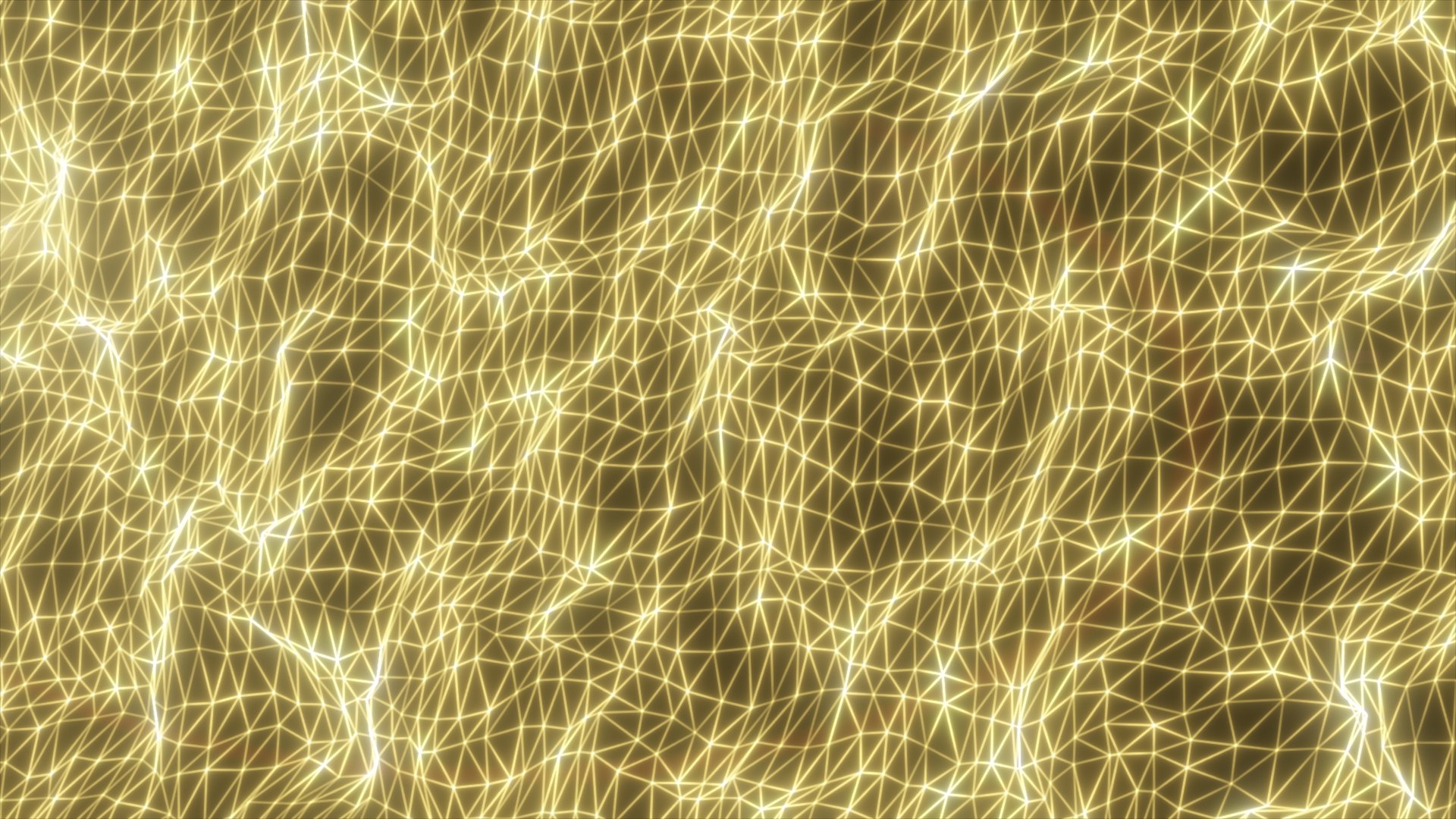 Abstract golden glowing wireframe mesh with triangular geometry and bright light reflections, isolated on dark background.
