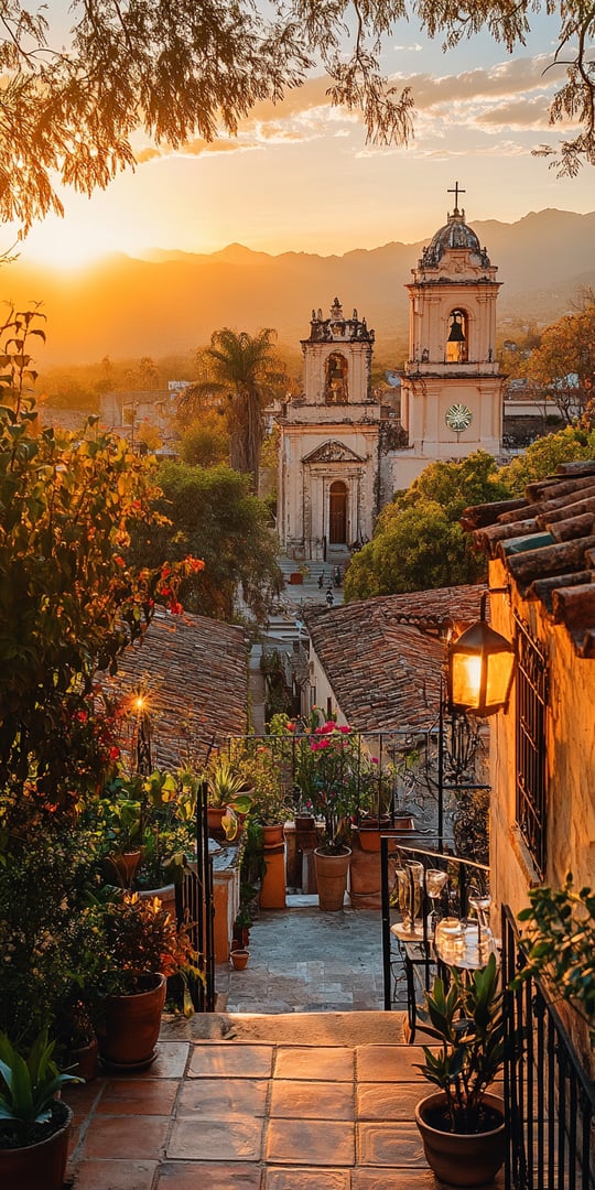 Sunset over a colonial town with a church, cobblestone path, potted plants, and lanterns, creating a warm, serene atmosphere.