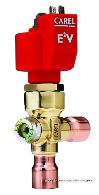 A red and gold CAREL E2V expansion valve with copper connectors, designed for refrigeration systems.