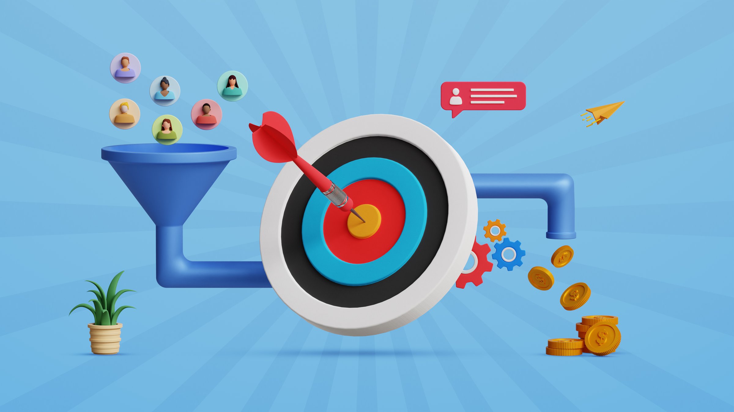 Marketing funnel, lead generation or sales conversion process. Convert leads into sales, digital marketing, CRM concept. 3D targeted advertising with lead conversion and marketing funnel