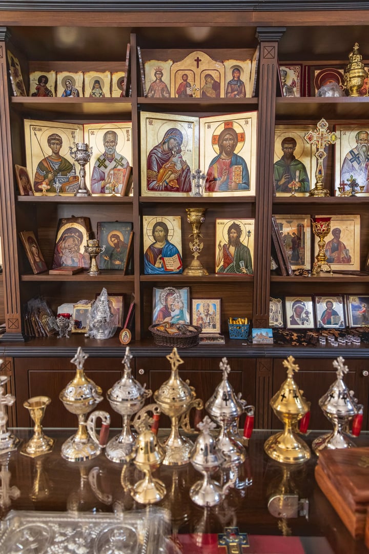 Ohrid, North Macedonia. October 21, 2024. Souvenir icon paintings and incense burners in the gift shop at the Church of the Virgin Mary Peribleptos.