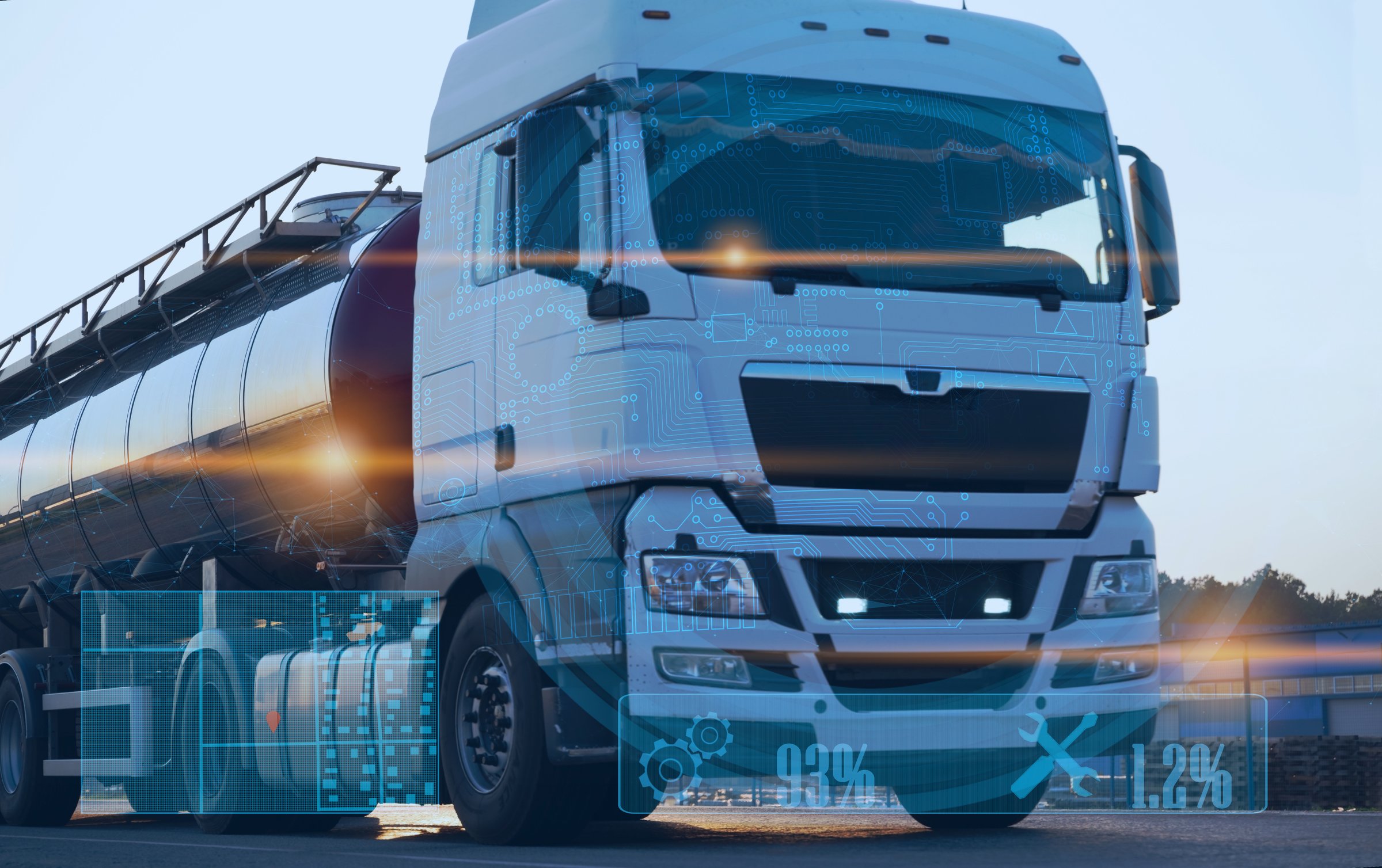 truck delivers cargo on the road using artificial intelligence technologies for traffic safety, unmanned delivery of the future