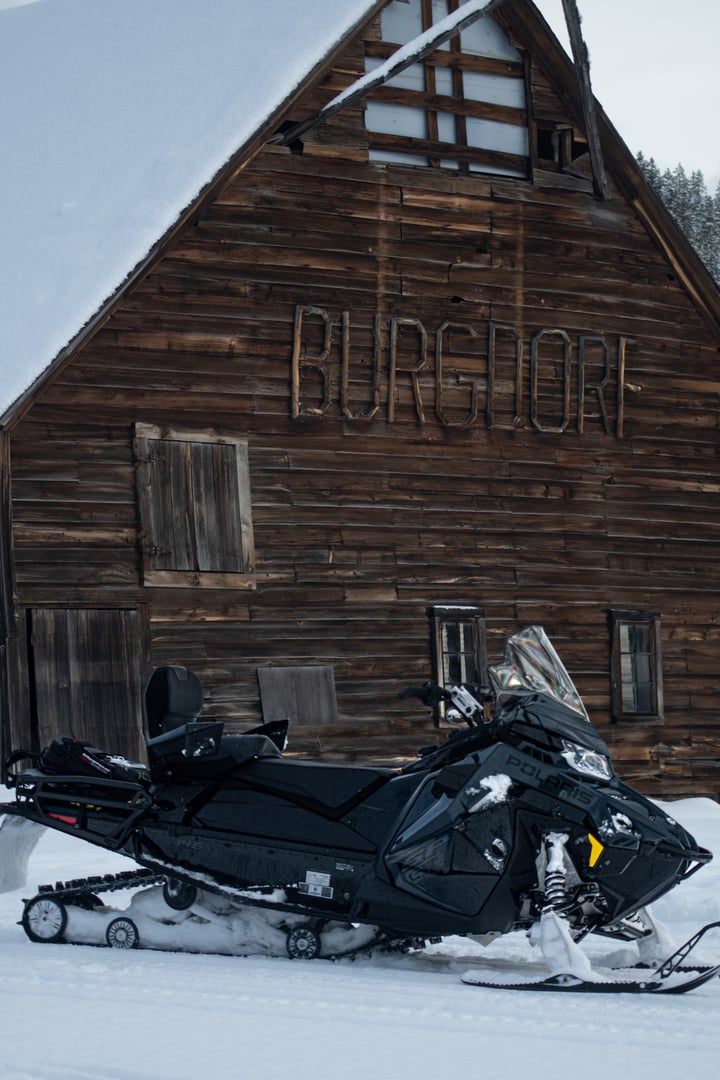 Syktyvkar, Komi Republic, Russia, March 9, 2025, People ride a snowmobile through the forest in winter.
