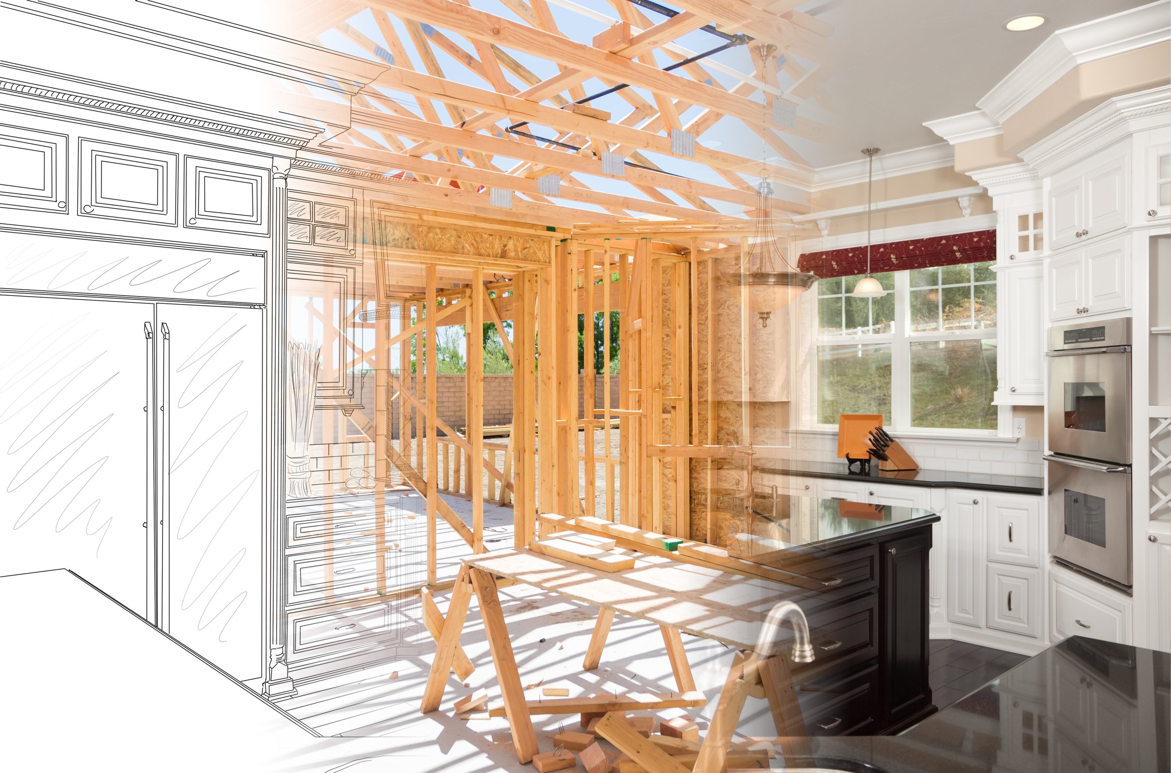 Kitchen Blueprint Drawing Gradating Into House Construction Framing Then Into Finished Build.