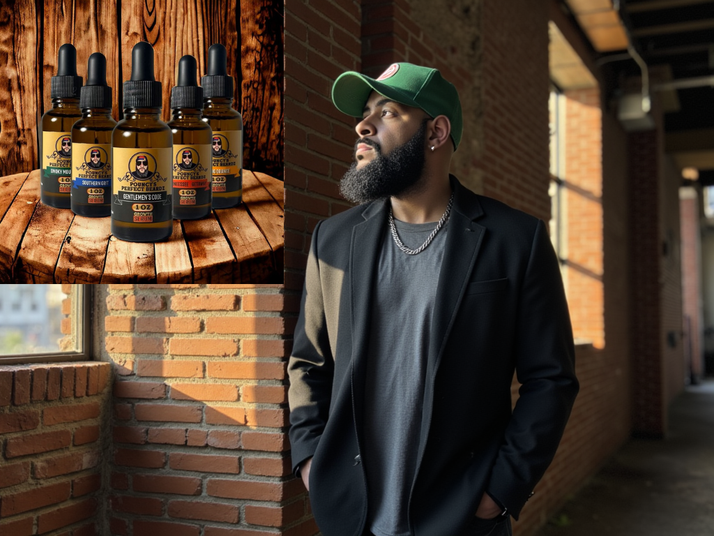 Man in black attire and green cap stands near brick wall with a photo of five beard oil bottles in the top left corner.