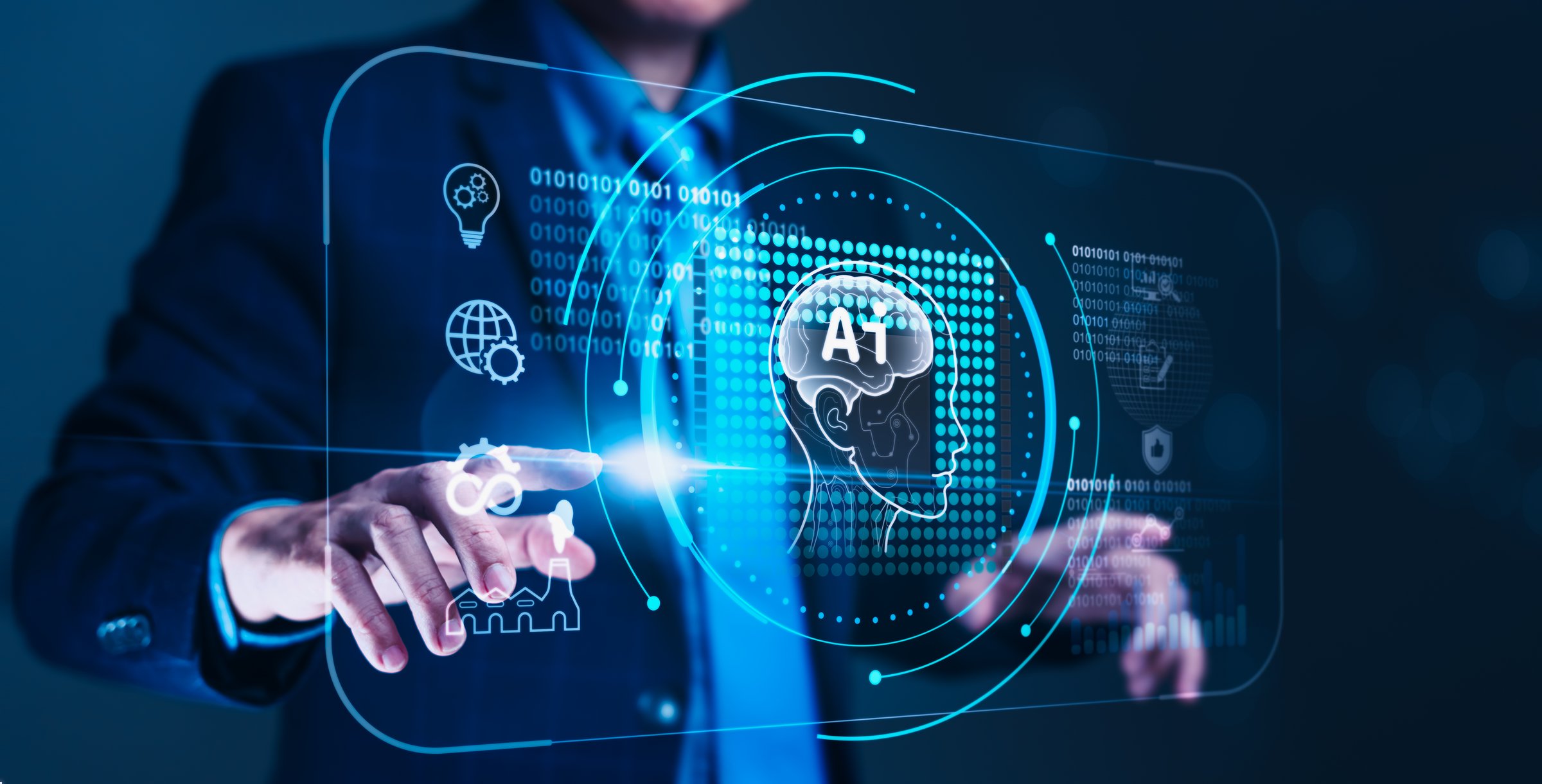 Businessmen collaborate with AI tools on a virtual screen. Ideal for showcasing the power of AI in business, optimizing strategies, and achieving success through intelligent technology.