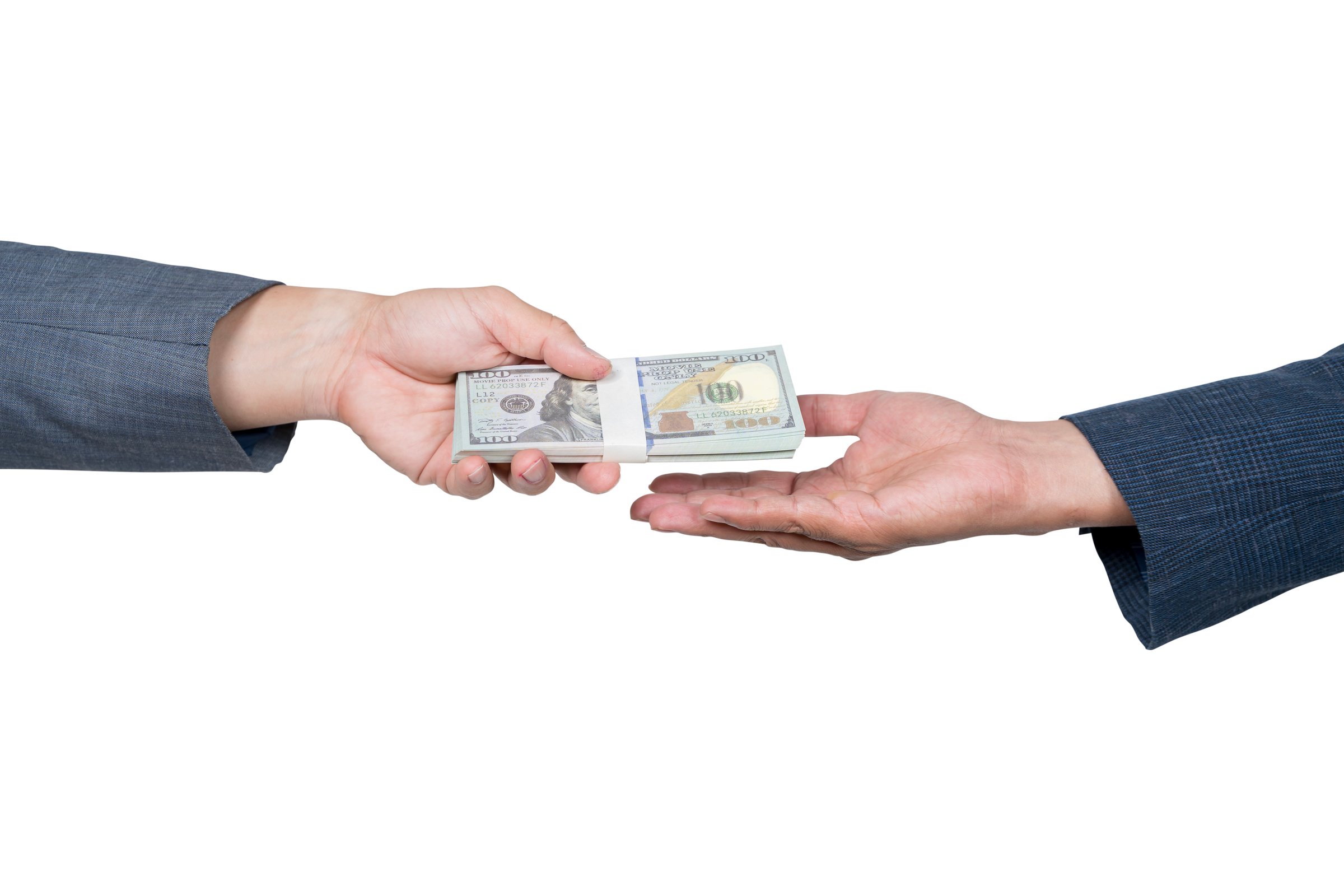 Businessman giving money dollar. Hand receiving money dollar from businessman hand. isolated on white background with Clipping path. With copy space and using as Business concept, business success.
