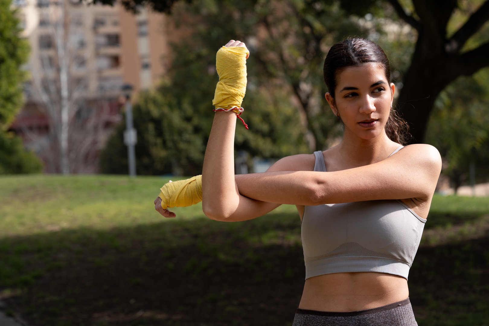 Woman stretching in park