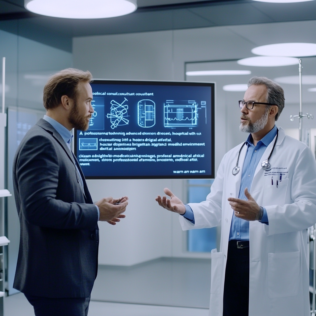 Two professionals discussing in a modern hospital room with a medical screen displaying technical diagrams in the background.
