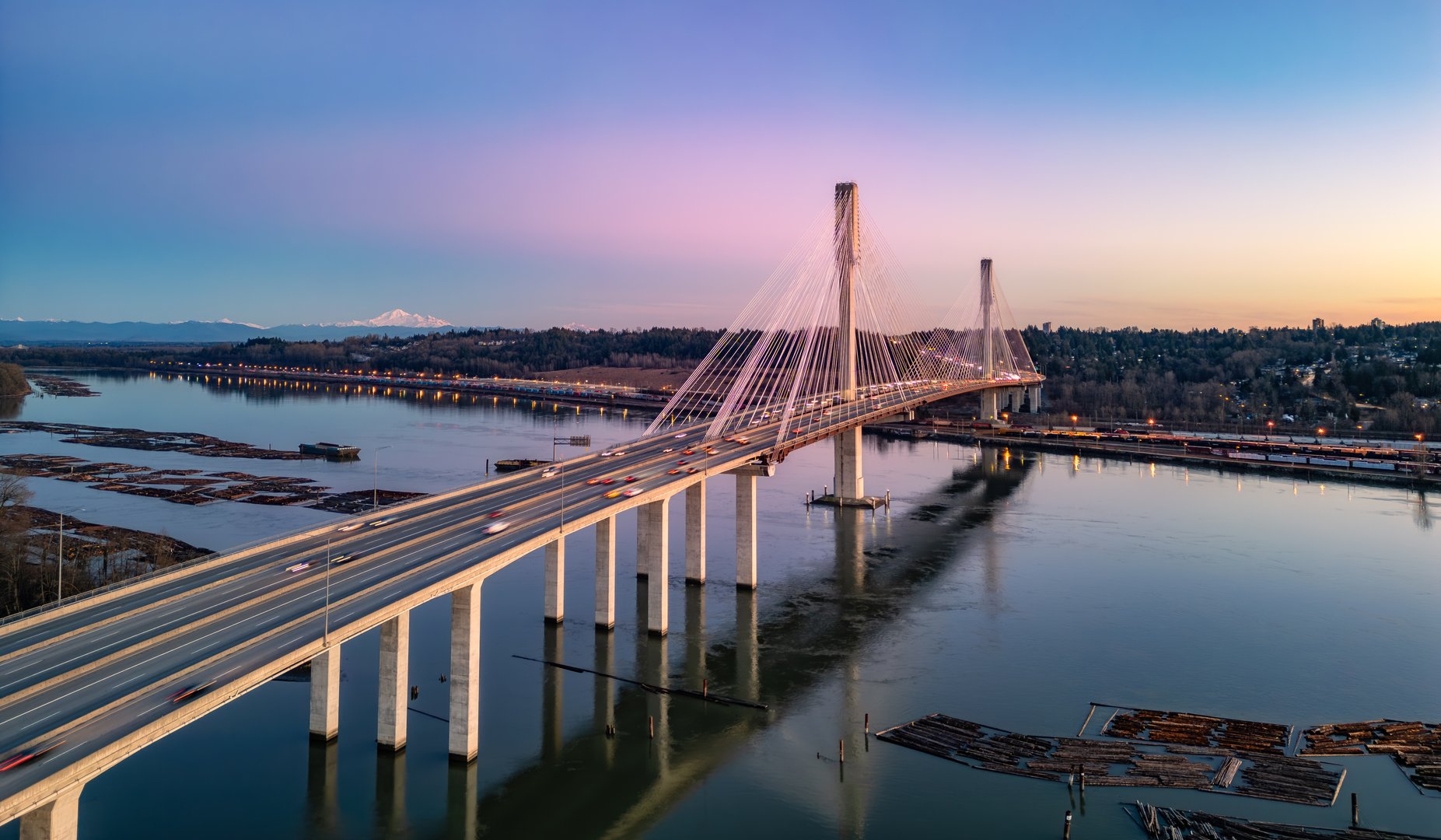 Port Mann Bridge across Fraser River. Sunset Sky. Vancouver, BC, Canada.