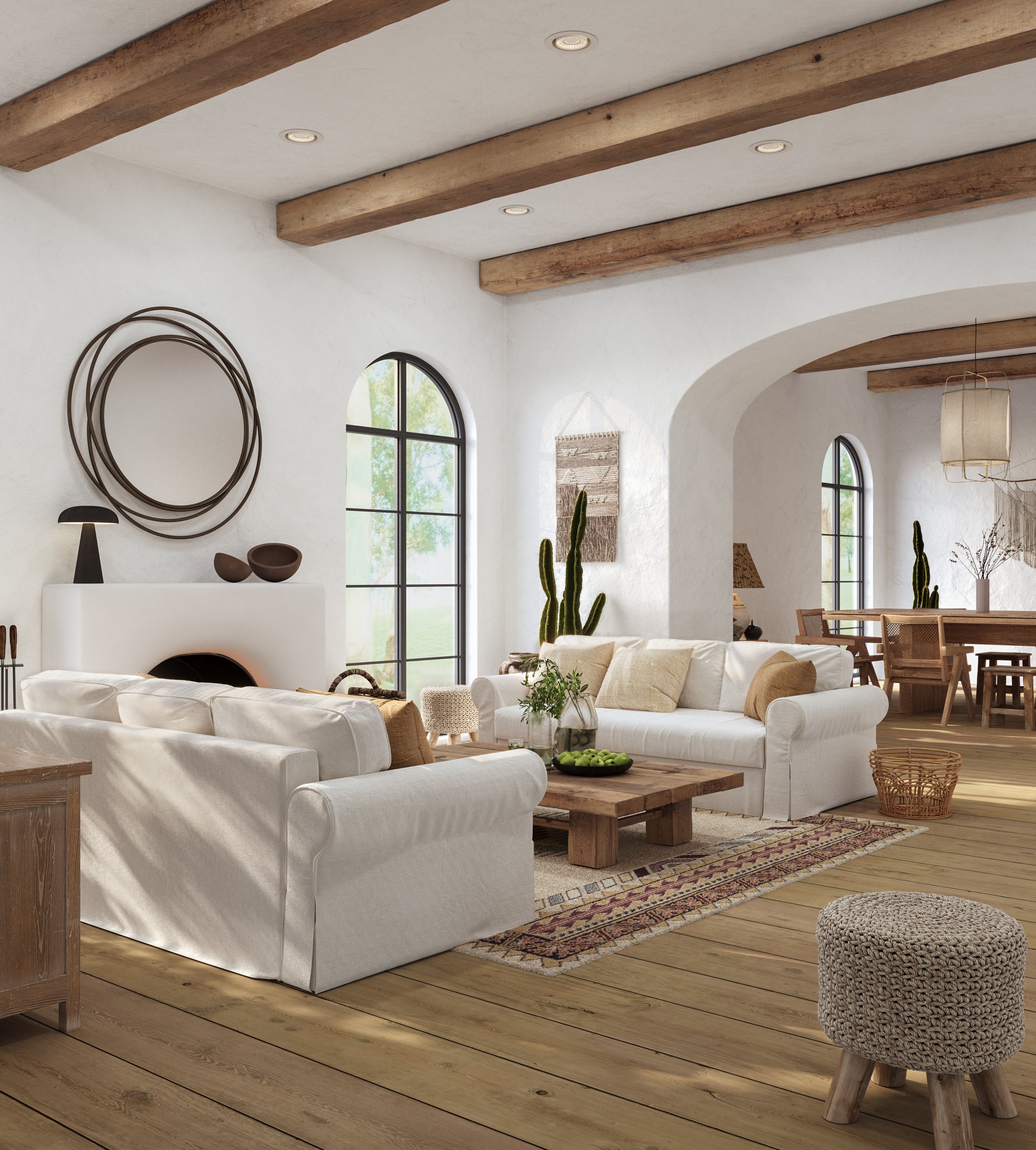 Wabi sabi living room interior with arch windows and fireplace