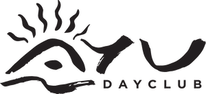 Stylized logo of AYU Dayclub featuring an abstract eye with sun-like rays and bold lettering.