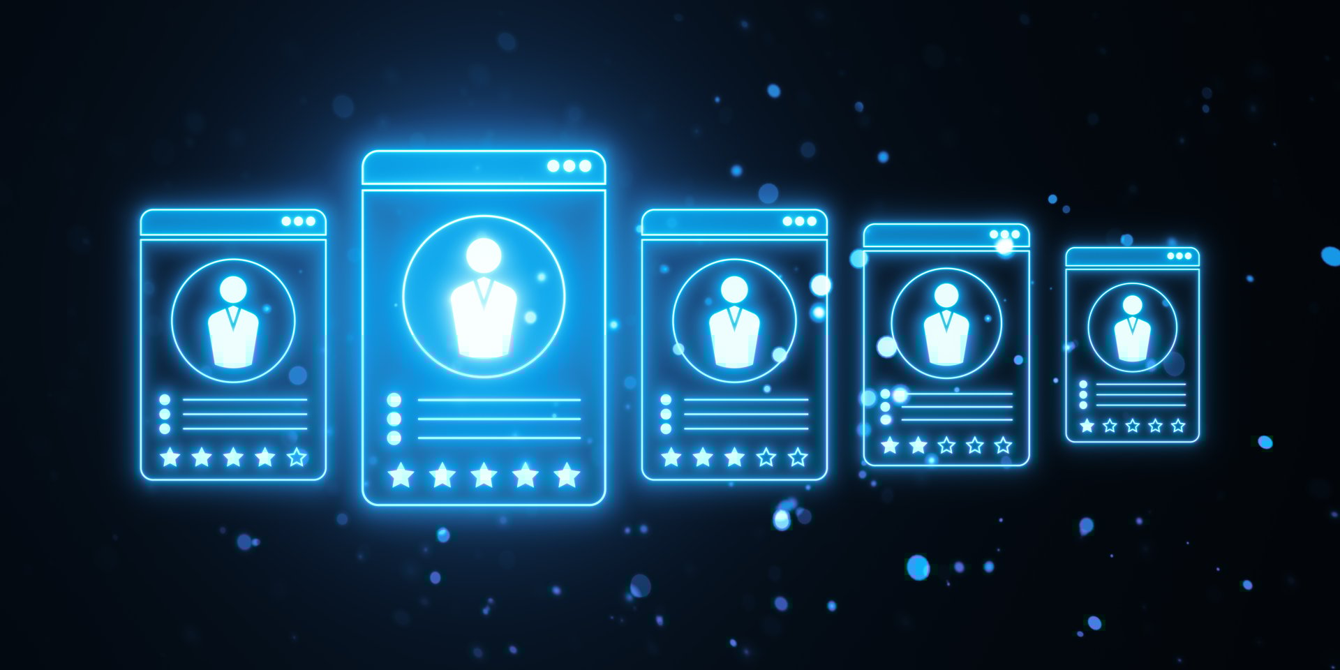 Multiple neon blue user profile interfaces with rating stars, glowing against a dark background. Concept of digital HR and social networks. 3D Rendering.