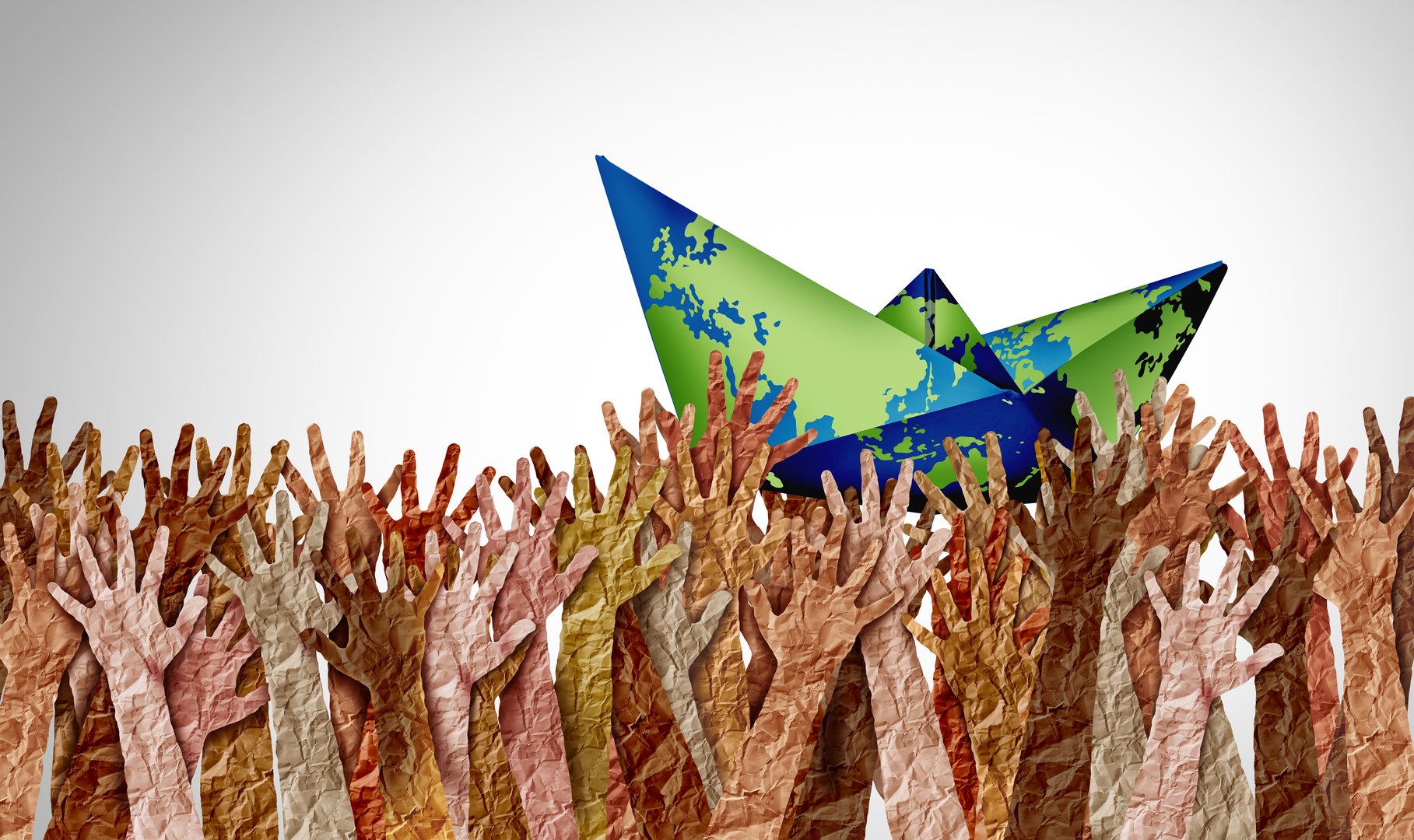 Global Community Support and World day as diverse cultures and multiculturalism society and international collaboration of global diversity and african american asian and caucasian culture integration and pride working together for unity as a Paper boat.