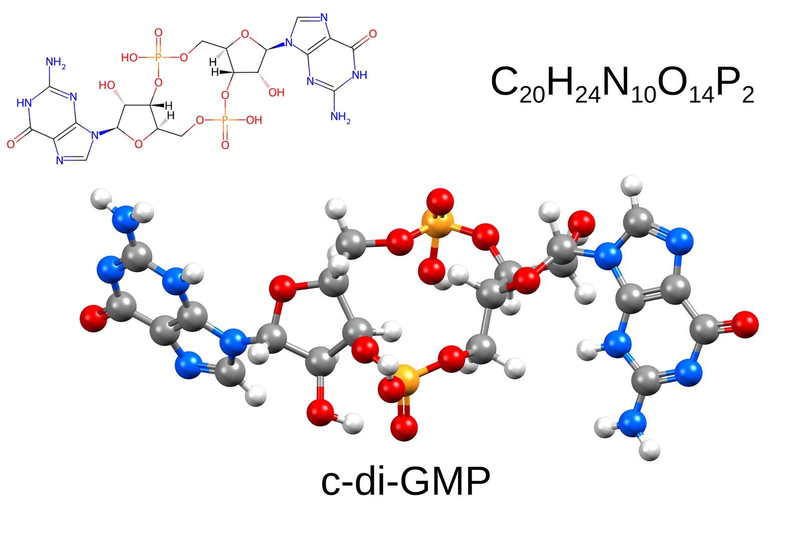 Chemical formula, structural formula and 3D ball-and-stick model, white background