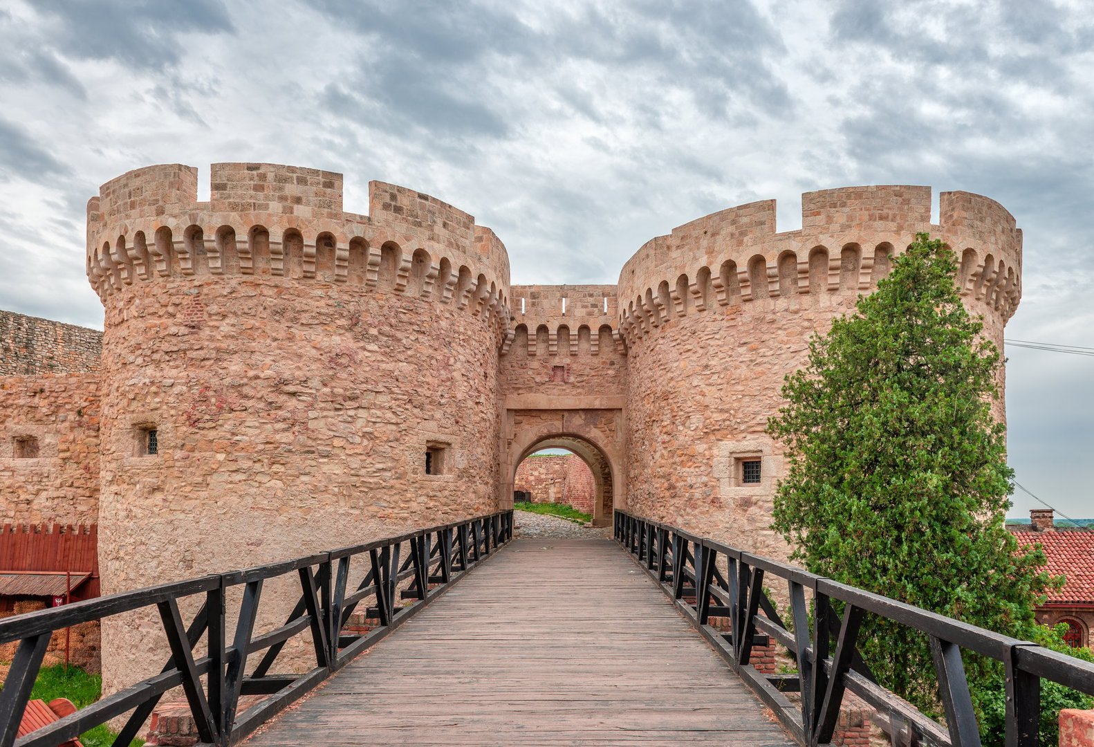 Belgrade, Serbia - May 4 2025: Zindan Gate, one of the gates in the complex of Belgrade Fortress in Belgrade, Serbia. Finished between 1440 and 1456, it is one of the landmarks of the fortress.