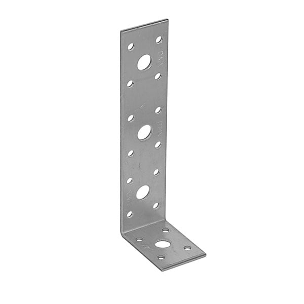 A metal right-angle bracket with multiple holes for screws, used in construction for support and reinforcement.