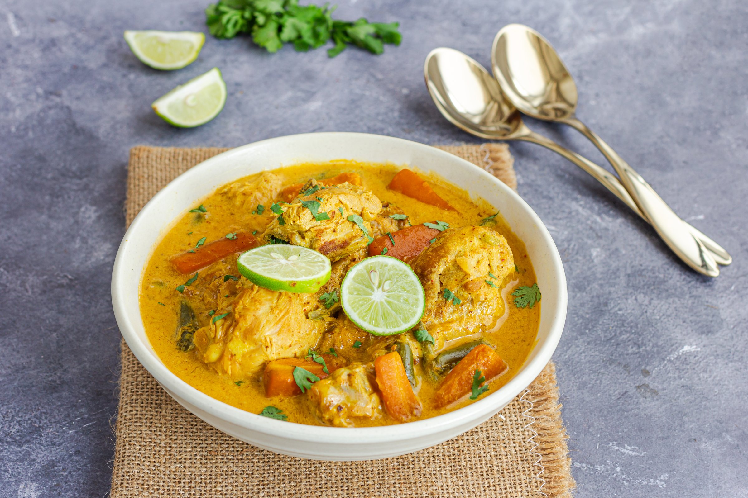 Bowl of Healthy Chicken Stew Garnished with Lemon and Cilantro