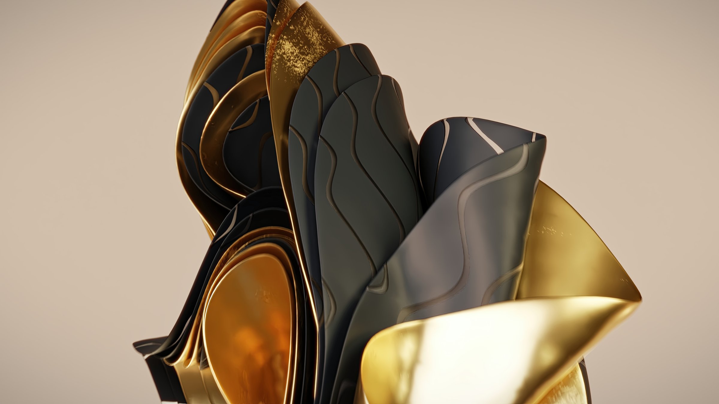 Abstract fashion background, 3d render of swirling layers of fabric with folds floating in the air. High quality illustration in gold and black colours, for presentations and websites.