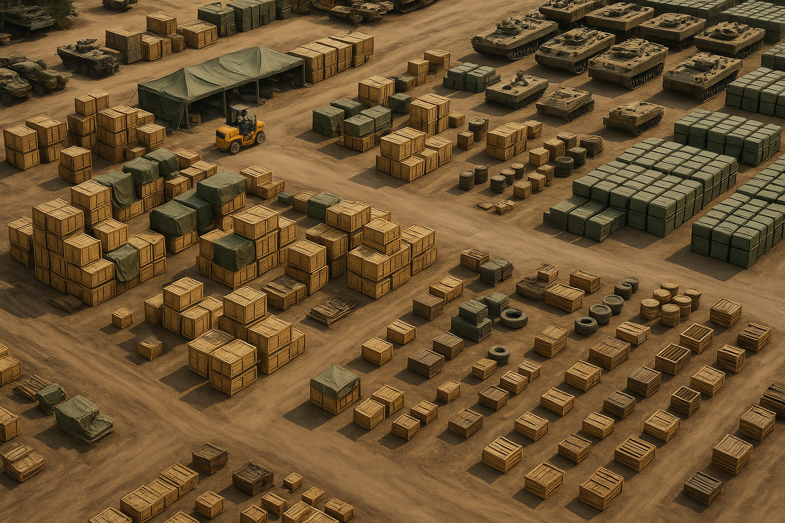Aerial view of a military storage area with tanks, wooden crates, and a forklift on a large dirt surface.
