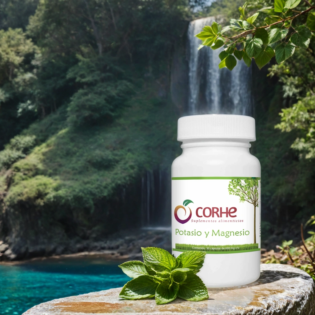 Supplement bottle labeled Potasio y Magnesio from CORHE, placed on a rock with a lush waterfall and greenery in the background.