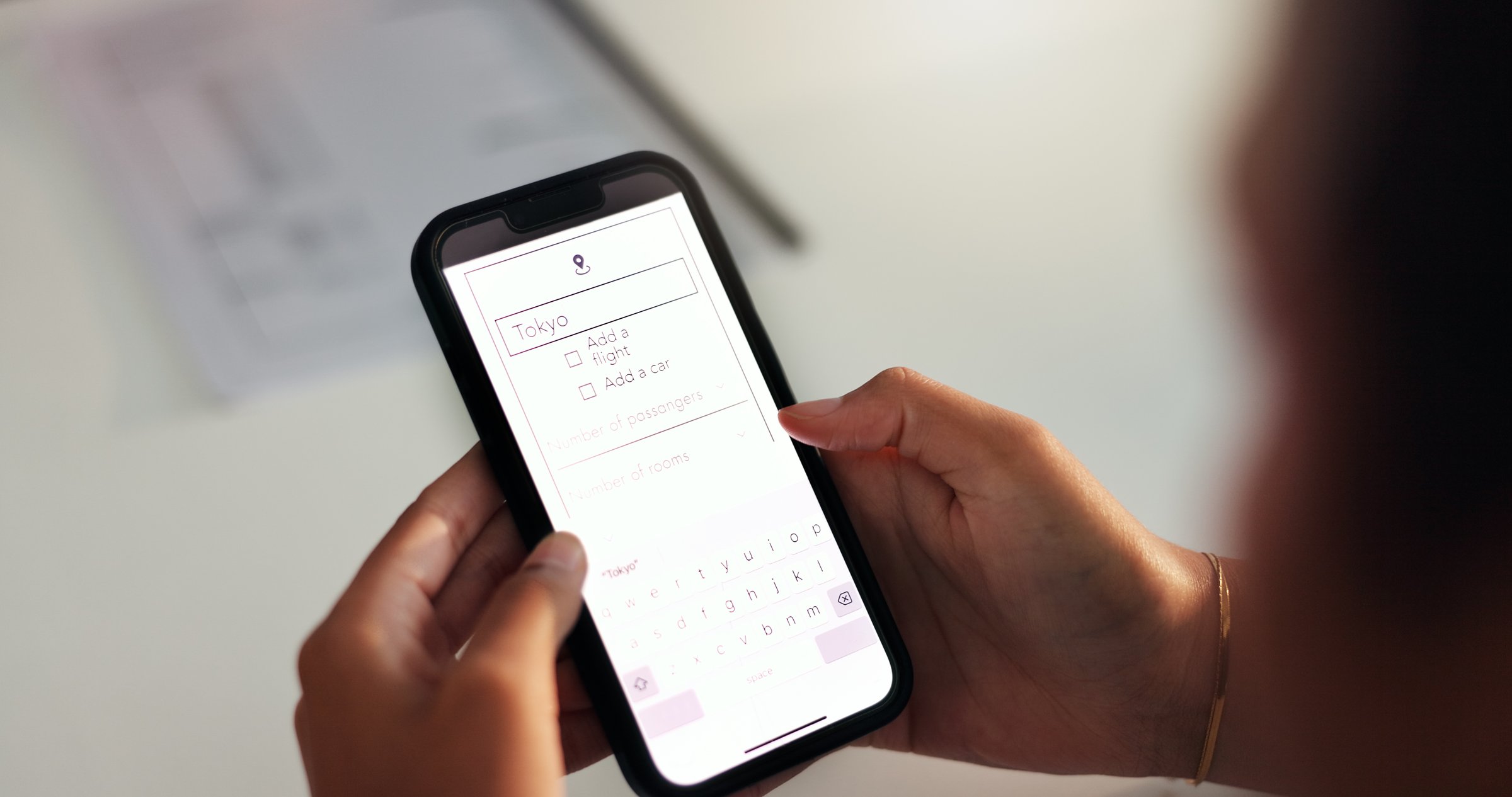 Hands, phone screen and website with flight booking for business trip, ticket information or online registration. Closeup display, smartphone or travel agency webpage for holiday or destination