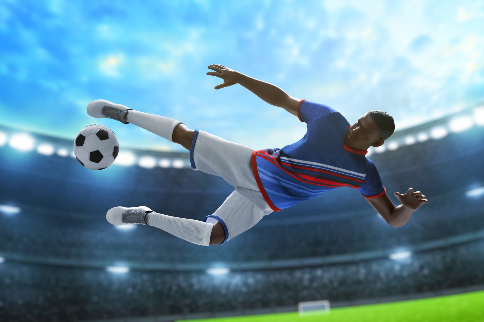 3d illustration young professional soccer player kicking ball in the stadium field with blue sky