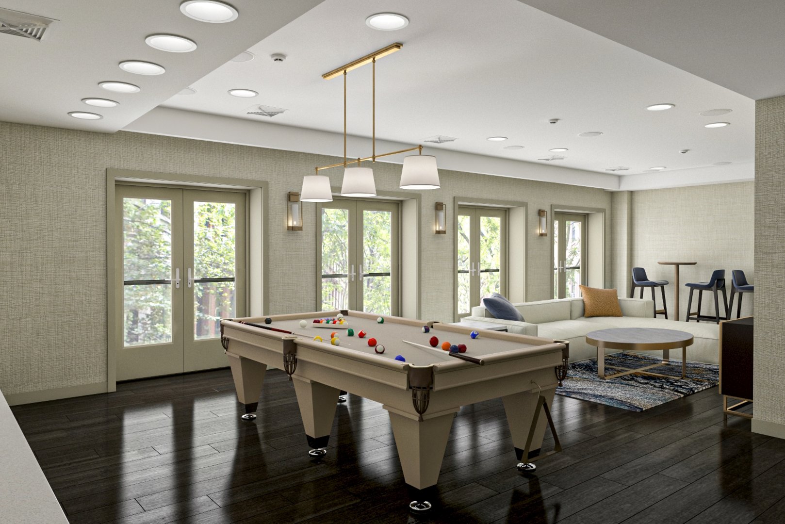 Stylish indoor recreation area with billiard table