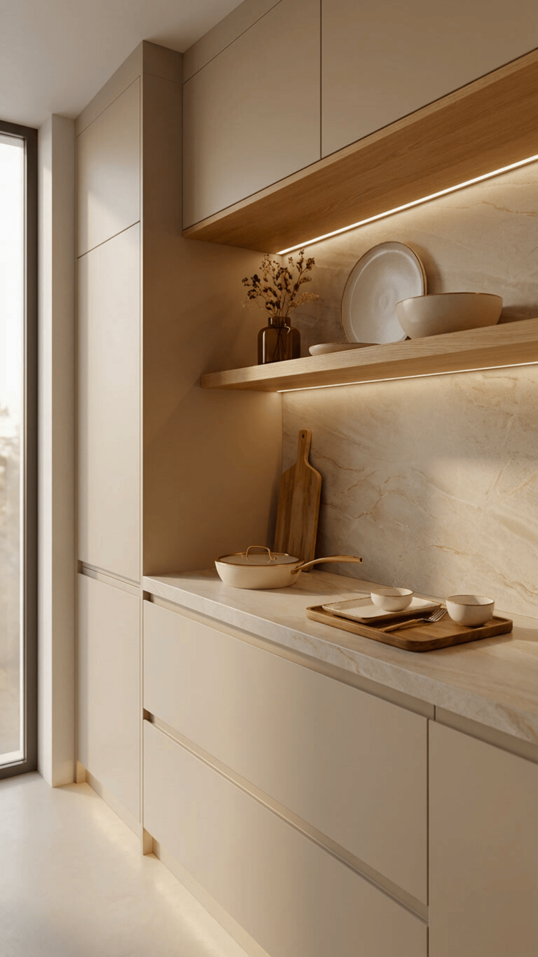 Minimalistisk kjøkken med varme materialer