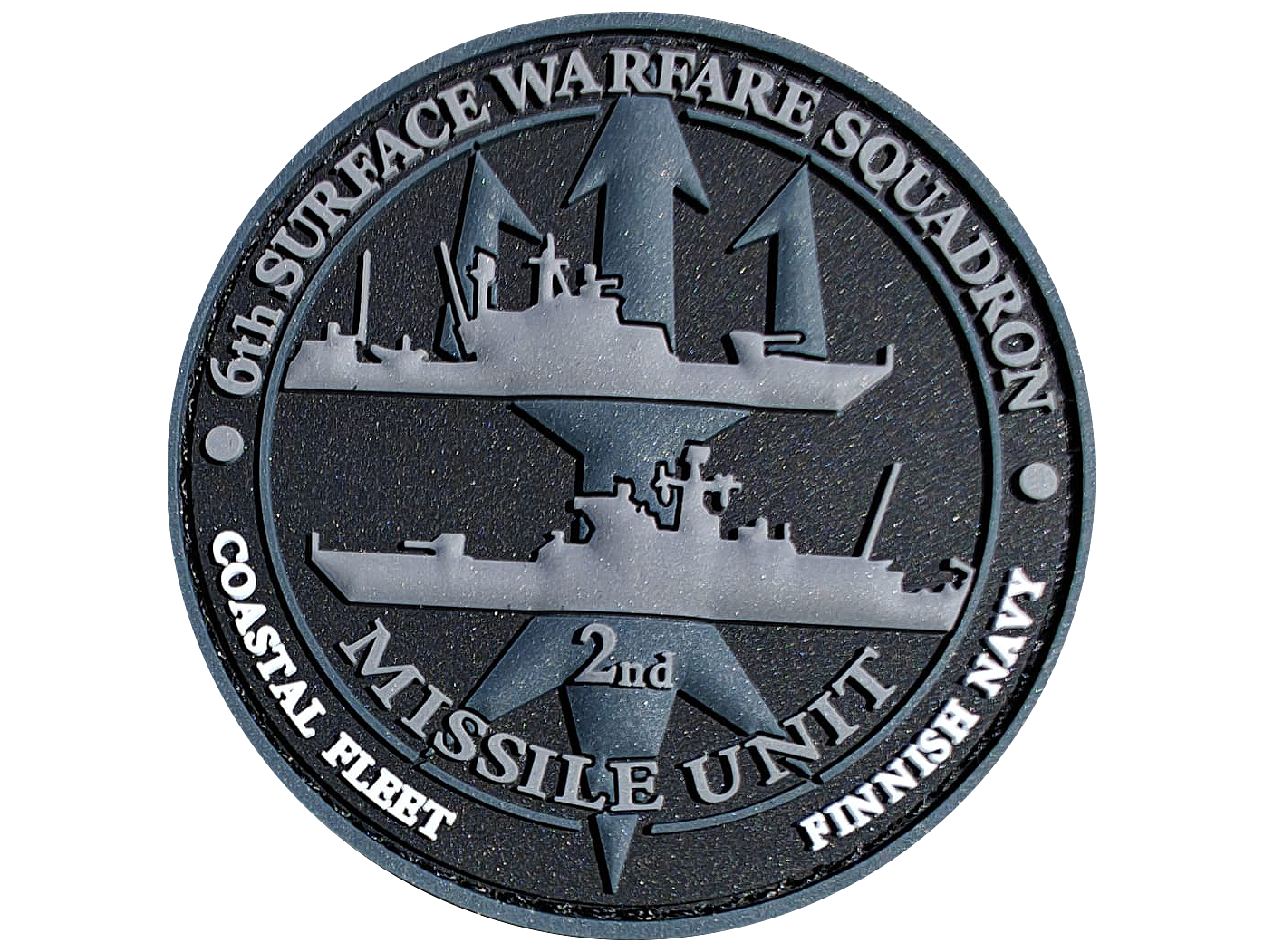 Emblem of the 6th Surface Warfare Squadron, 2nd Missile Unit, Finnish Navy, featuring two ships and arrows.