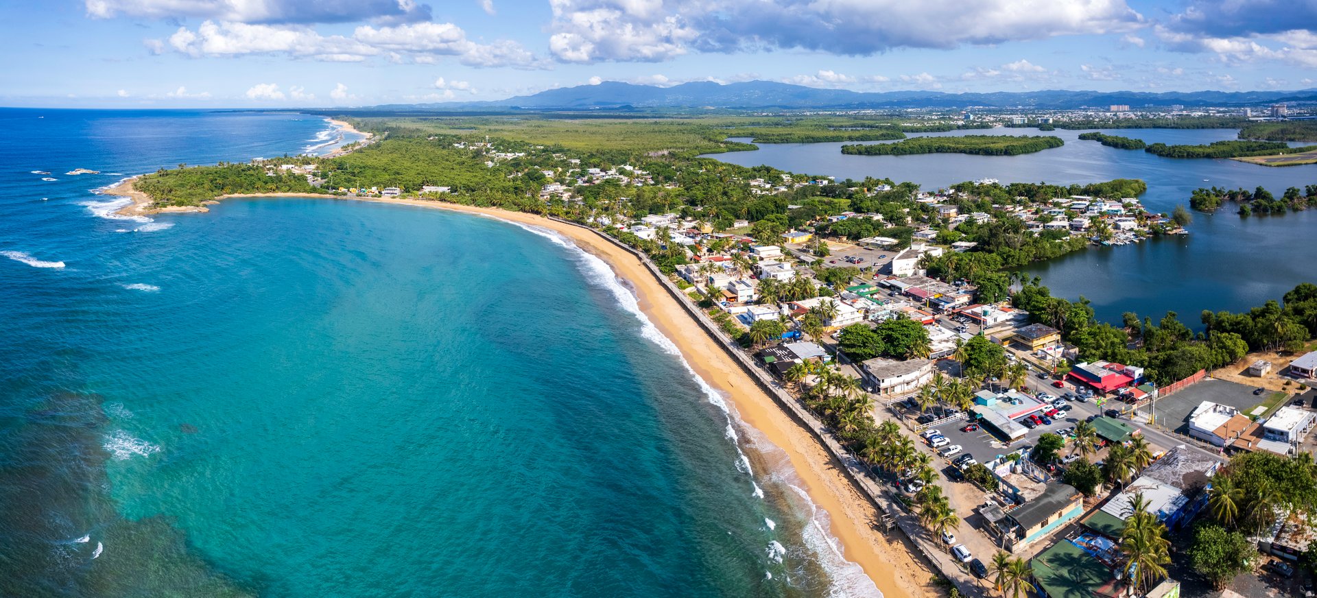 Aerial view of Beach Piñones, Carolina, Loíza, Puerto Rico on summer.