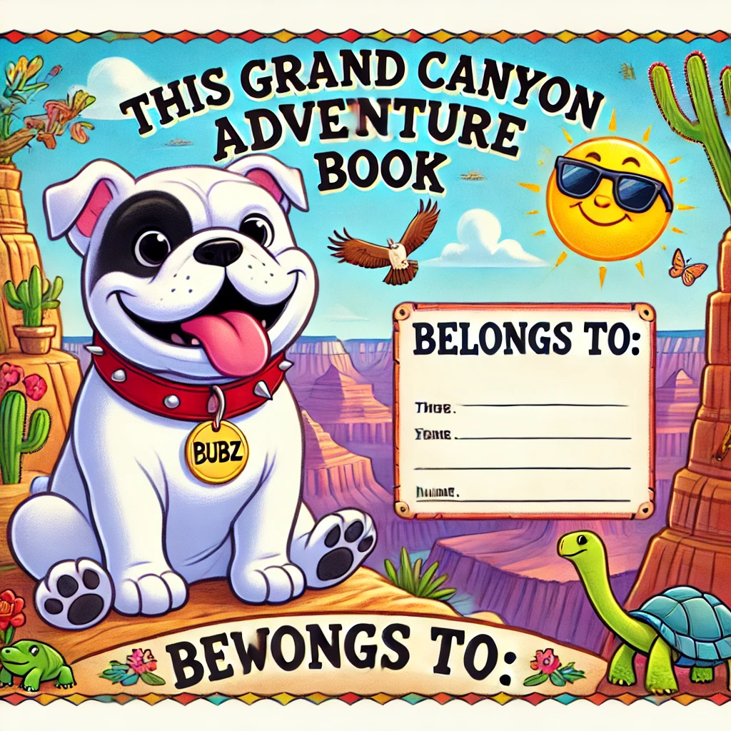Colorful Grand Canyon adventure book cover featuring a cartoon dog, cactus, turtle, and sun with sunglasses.
