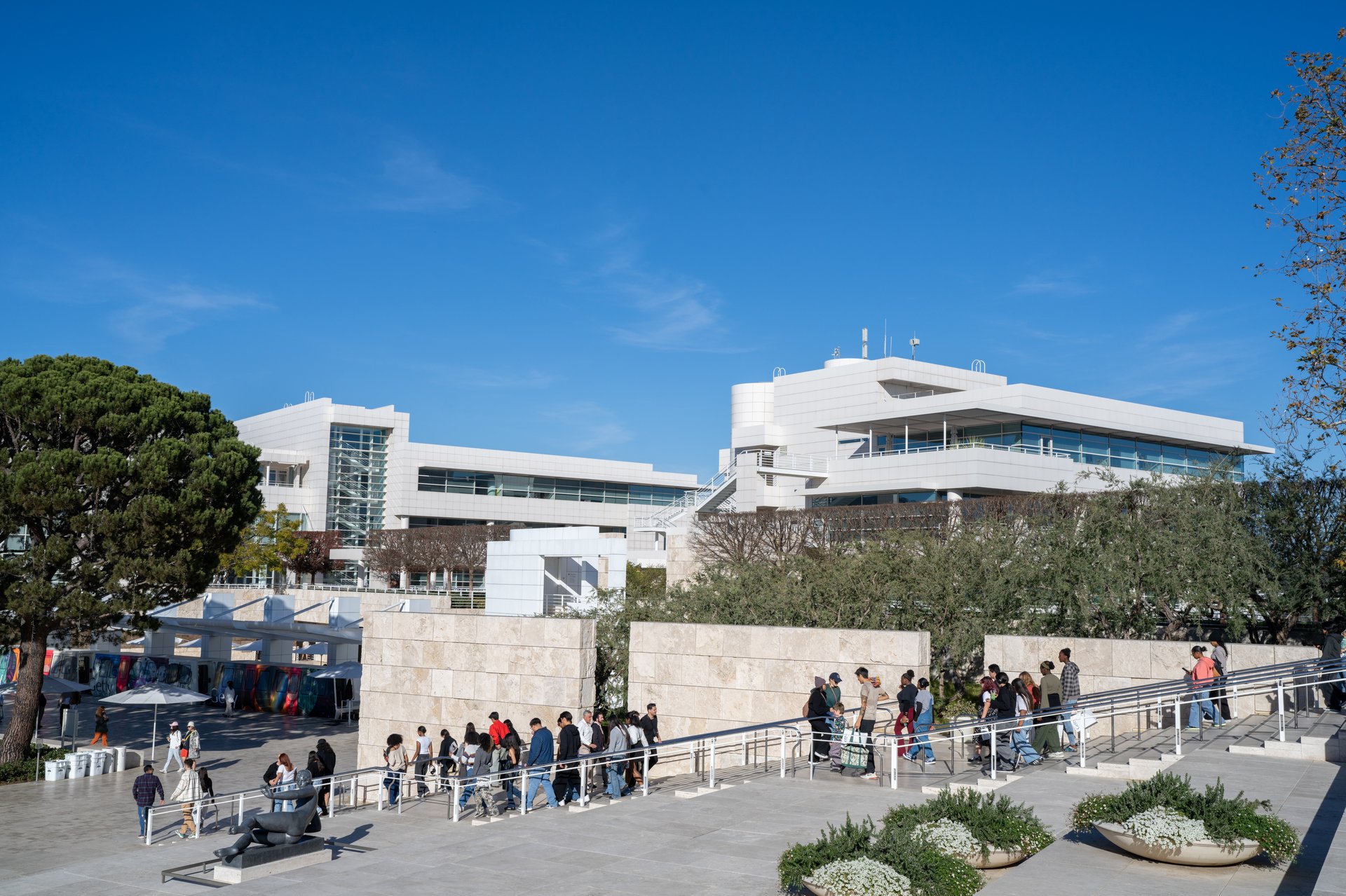 Los Angeles California - December 17 2024: A Line of People Walking Down Stairs at the Getty Museum in Los Angeles California