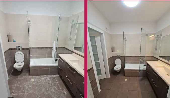 Two views of a modern bathroom with a toilet, bathtub, glass shower screen, and dual-sink vanity.