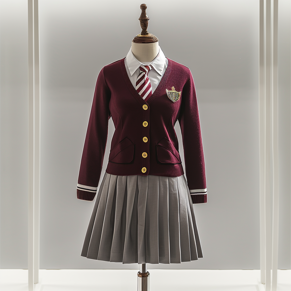 Mannequin wearing a school uniform with a burgundy cardigan, striped tie, and pleated gray skirt on a light gray background.