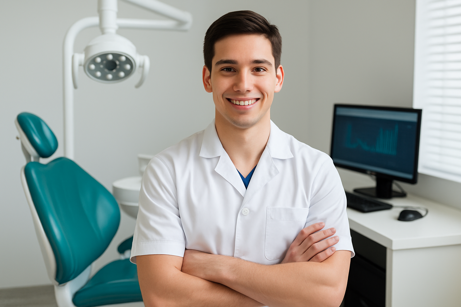 Smiling dentist in white coat stands with arms crossed in a modern dental office with a chair and computer.