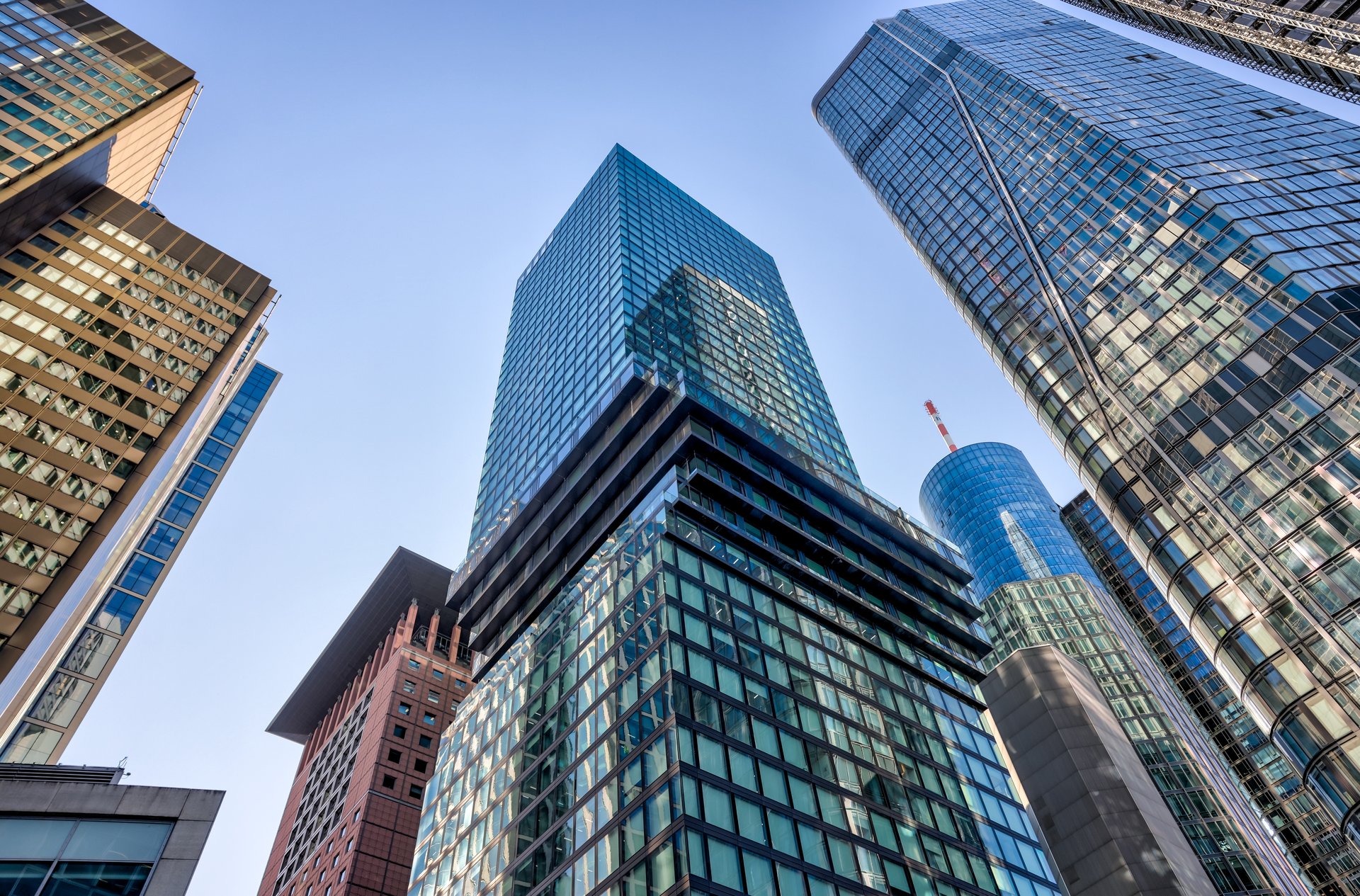 Architectural details of skyscrapers in the financial district Frankfurt