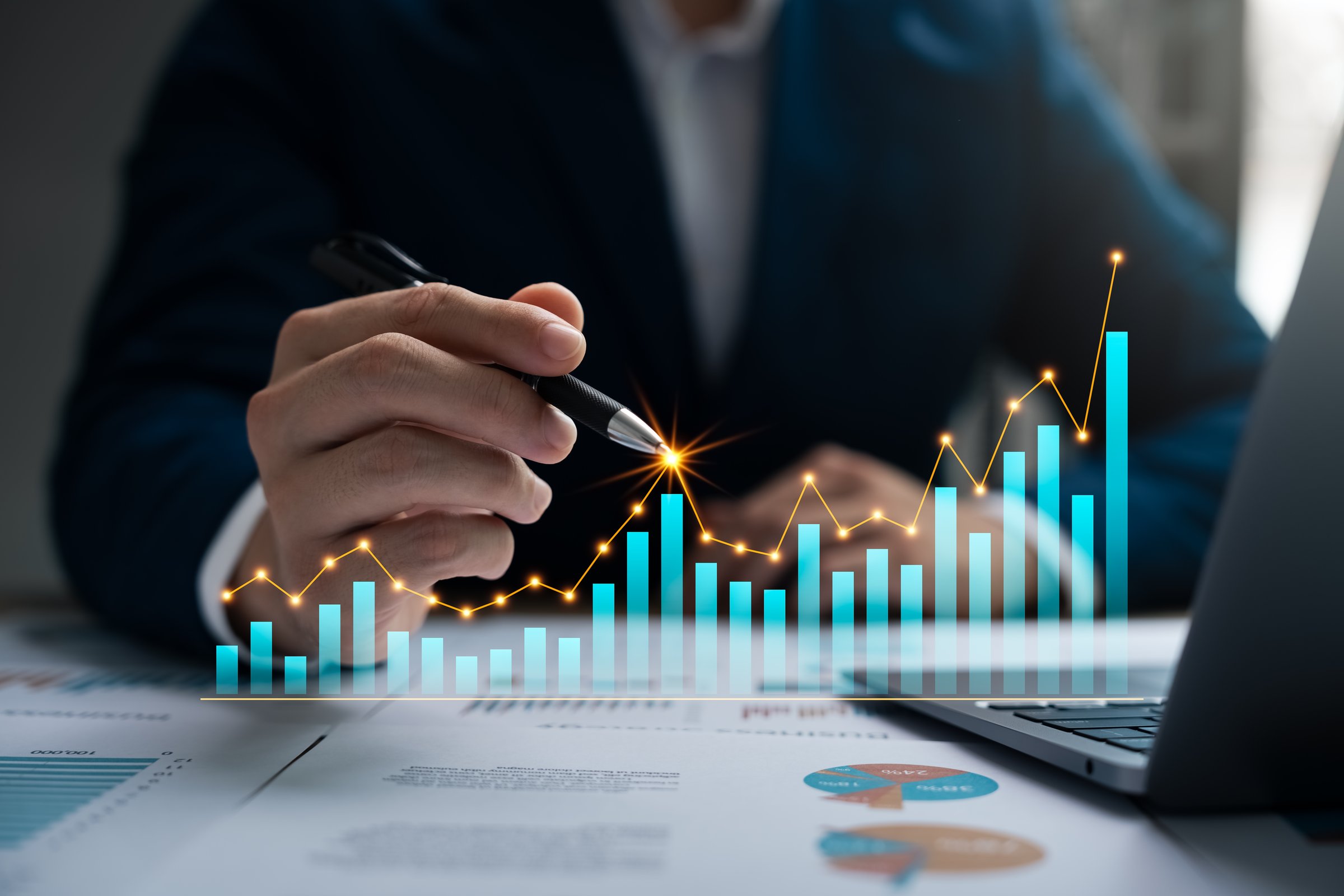 Finance and return on investment, businessman analyzing data chart, investment in assets Business and finance growth graph, business strategy.
