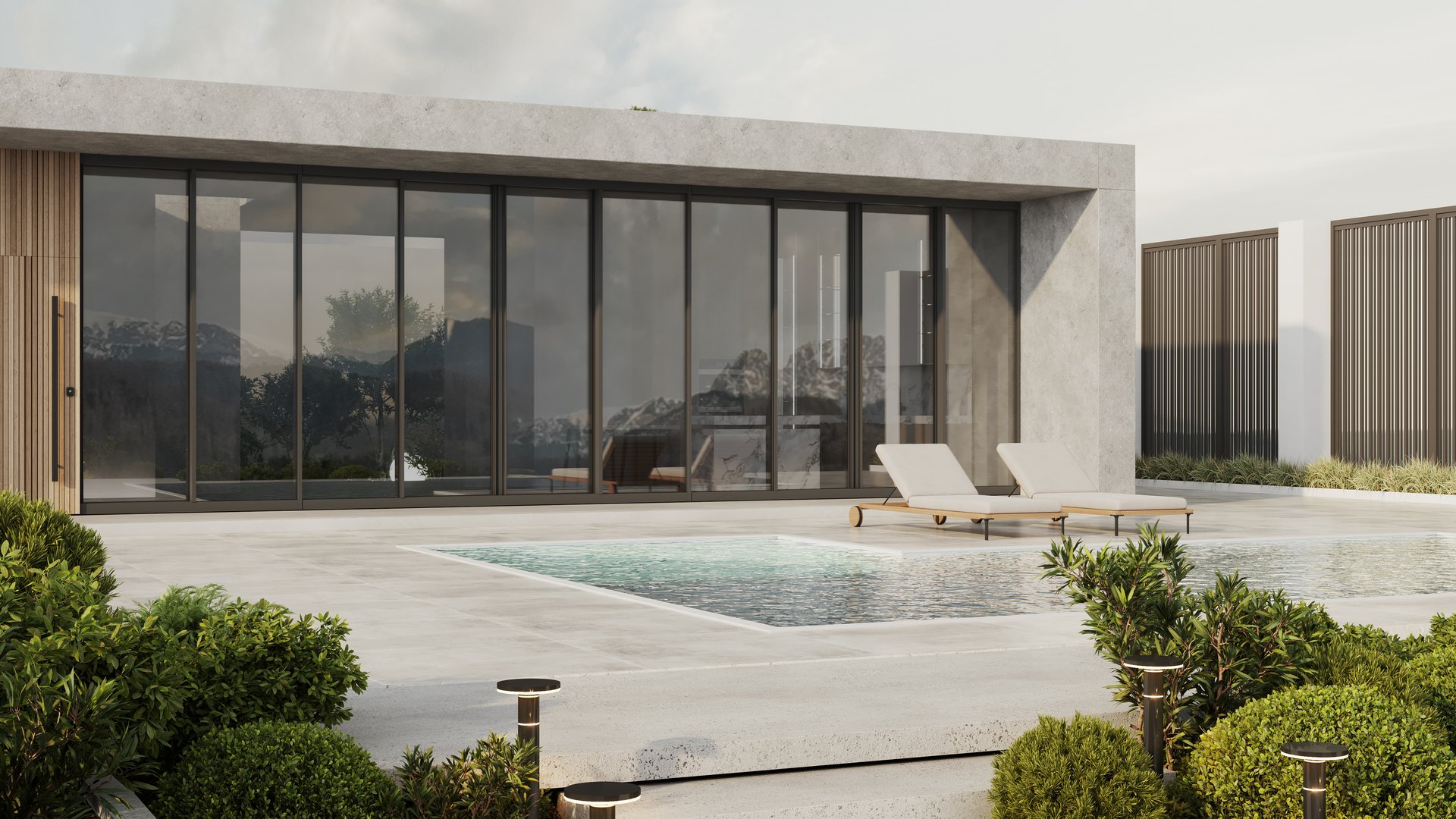 Exterior concept of a modern minimalist wooden stylish house with swimming pool; 3d rendering