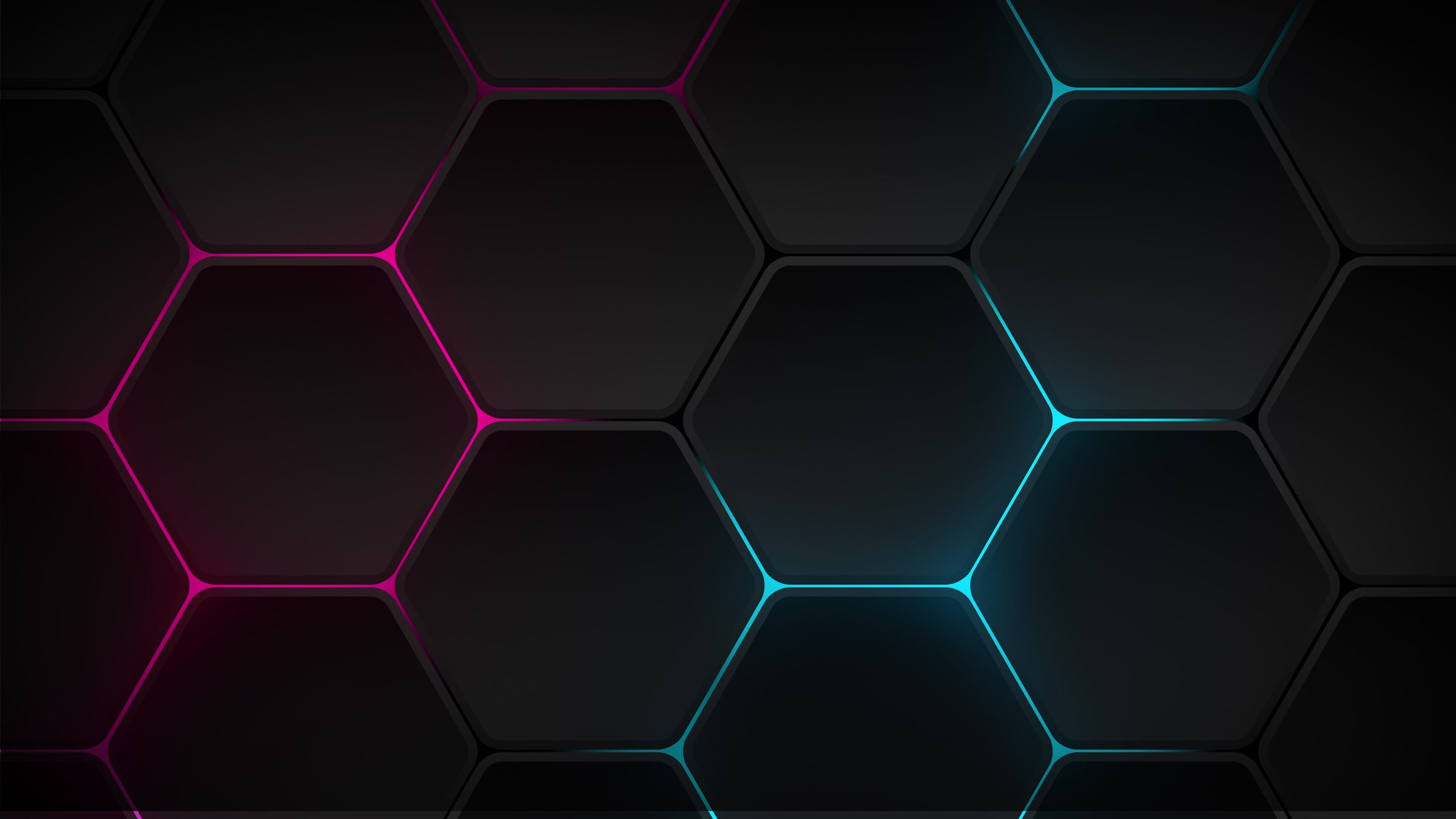 This is a sleek and modern design that features hexagons with glowing red and blue edges set against a dark background