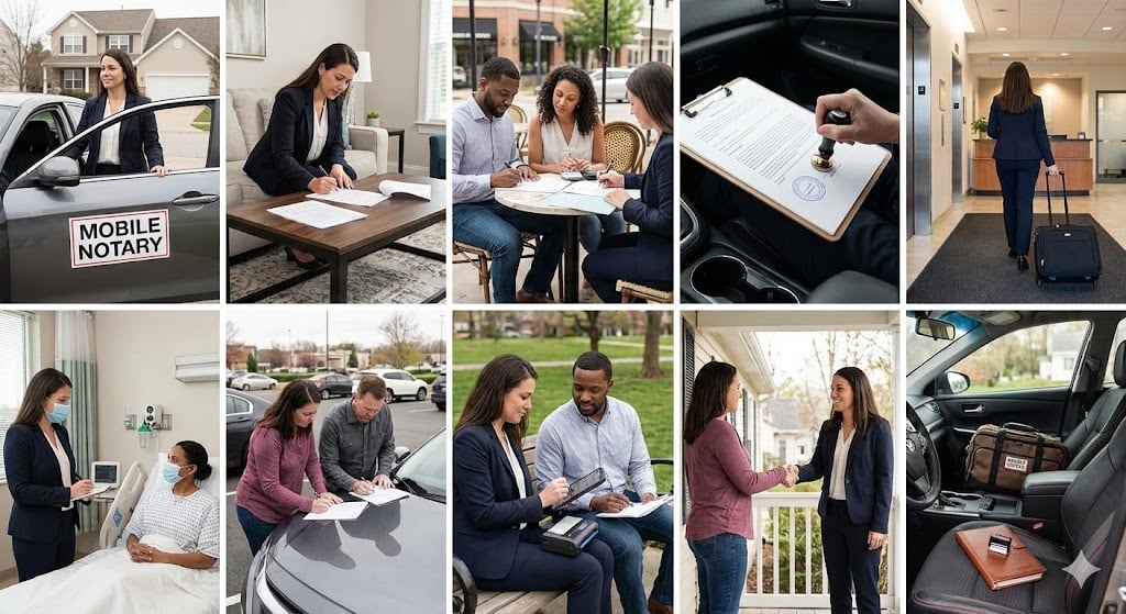 Mobile notary providing on-site services to business professionals