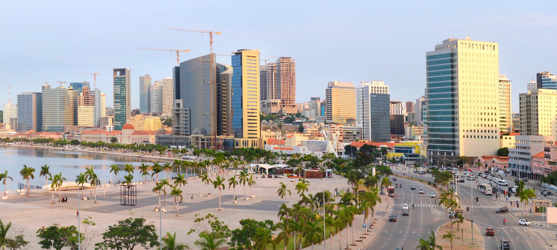 Panorama of Luanda Marginal at sunset - modern financial center. Luanda, Angola