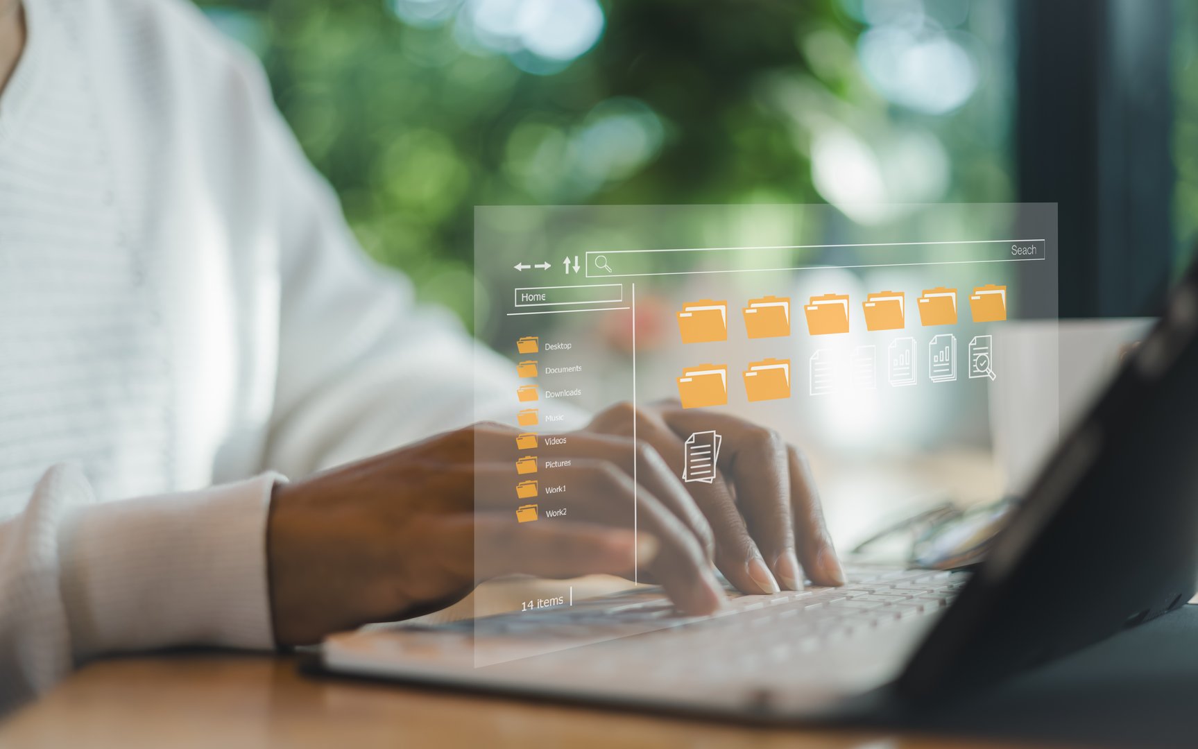 Businesswoman using a computer to document management, Document Management System (DMS) being setup by IT consultant working on laptop computer in office, Efficiently manage and information files.