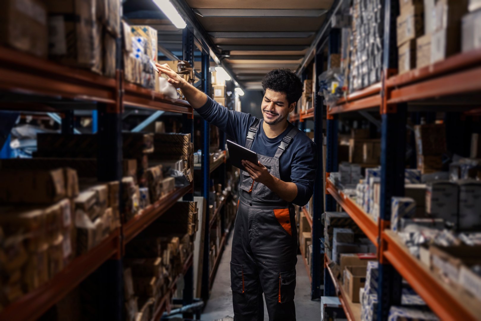 Multicultural warehouse worker going trough checklist on tablet in storage.