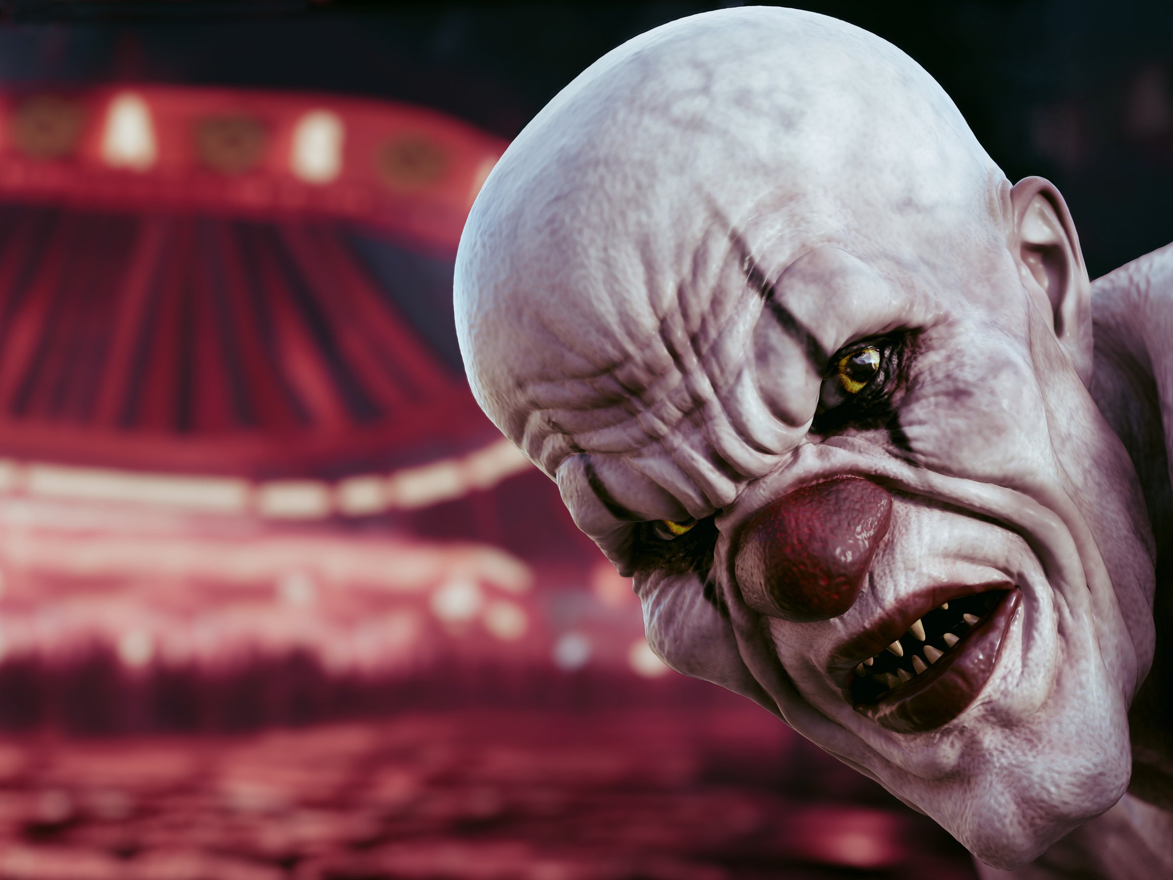 3D rendering of an evil looking clown with yellow eyes in front of a circus carnival at night.