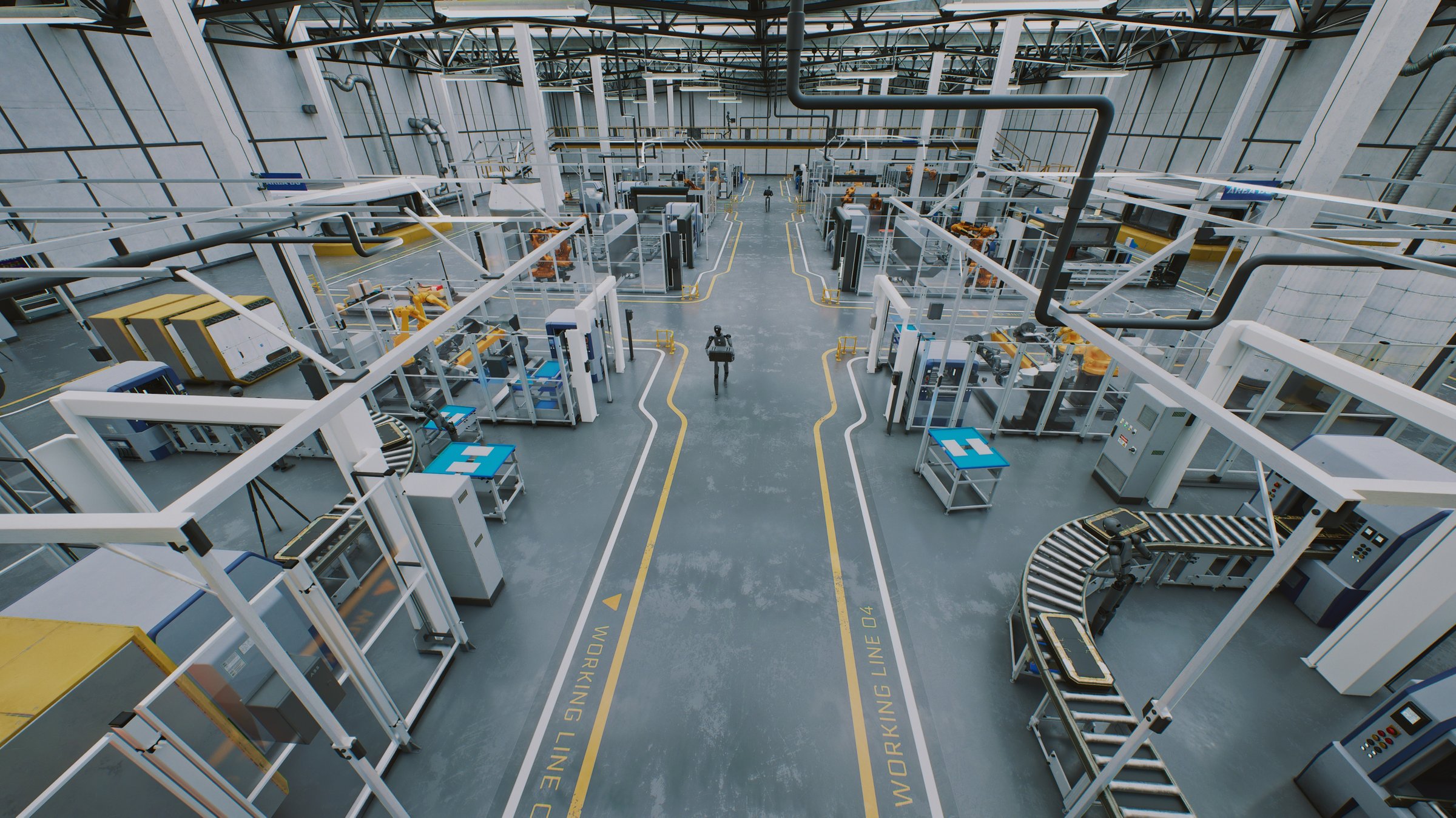 Humanoid Workers in Highly Automated Environments. Future of Assembly Line, Where Humanoid Robots Function in Structured Industrial Settings. Concept of Technological Advancement and Modern Industry.