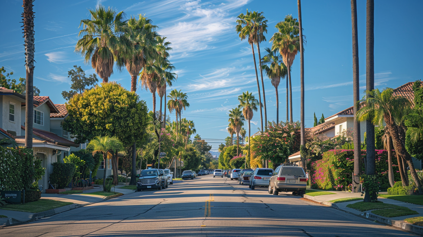 Tree-lined residential street with homes and palm trees in the Mar Vista neighborhood of Los Angeles
