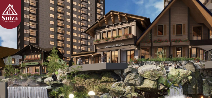 Alpine-style building complex with a water feature in the foreground and a modern high-rise in the background.