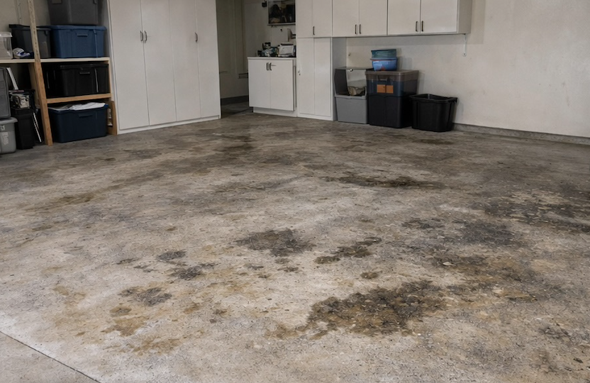 Ugly stained concrete floor before marble epoxy application